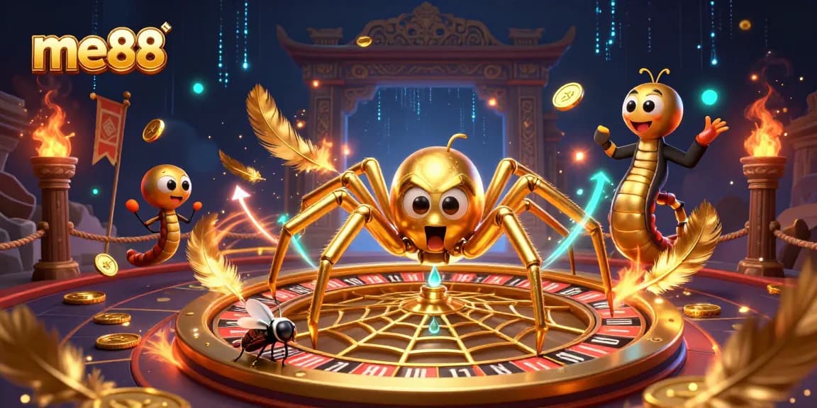 Experience fun and excitement at me88 with a golden roulette web and lively gaming characters.