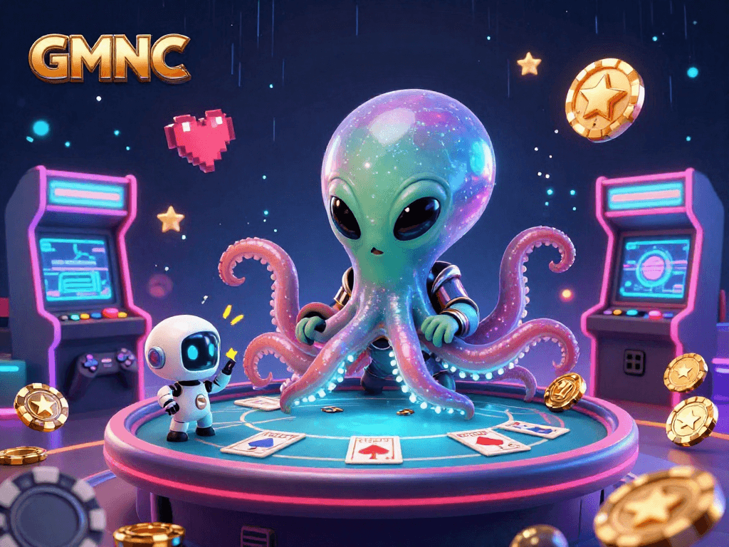 Engage in cosmic poker with GMNC's vibrant alien octopus and robotic companion.