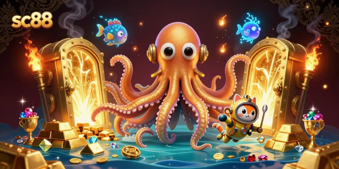 Experience the thrill of sc88 with a colossal kraken and diving cat in a treasure-filled adventure.