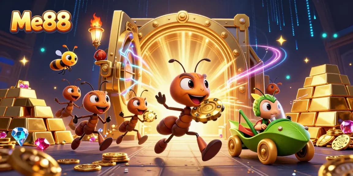 Engage with Me88's thrilling gaming adventure featuring ants heisting a giant poker chip under a dazzling vault.