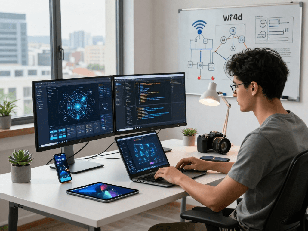 Ruang kerja modern dengan profesional teknologi sedang bekerja pada wifi4d dan grafik jaringan.