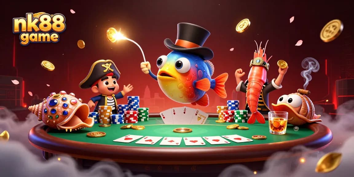 Engage in nk88 game excitement with colorful characters and rich casino elements in a dynamic scene.
