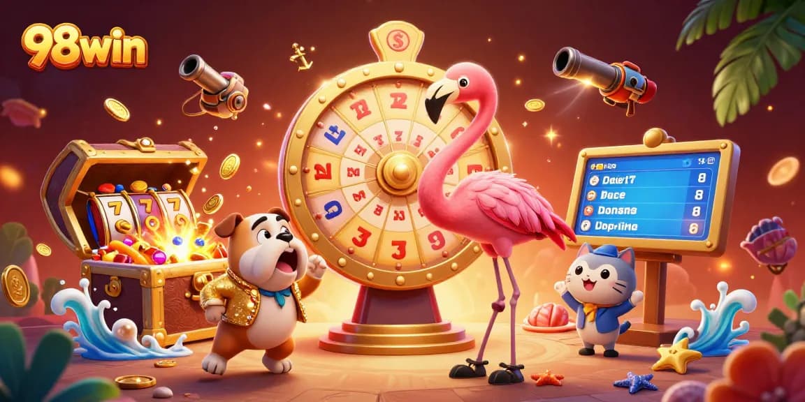 Engage in thrilling gameplay at 98win with a vibrant prize wheel and interactive game elements.