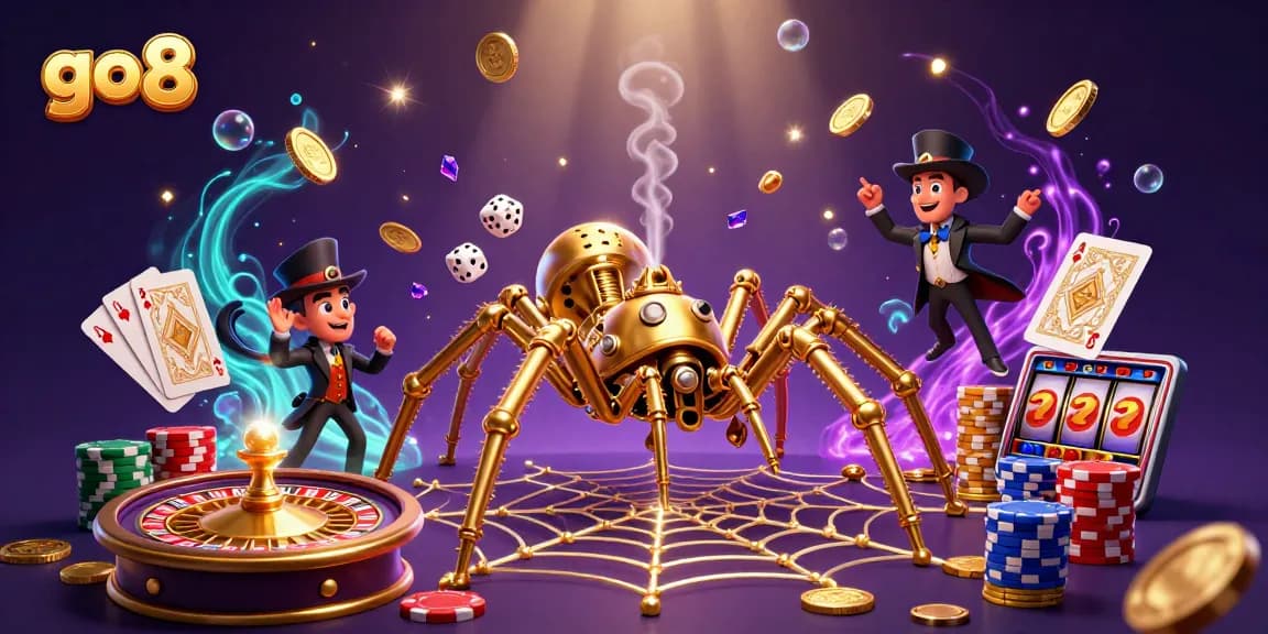 Experience thrilling gaming at go8 with an ultra-detailed 3D illustration of a steampunk spider and casino elements.