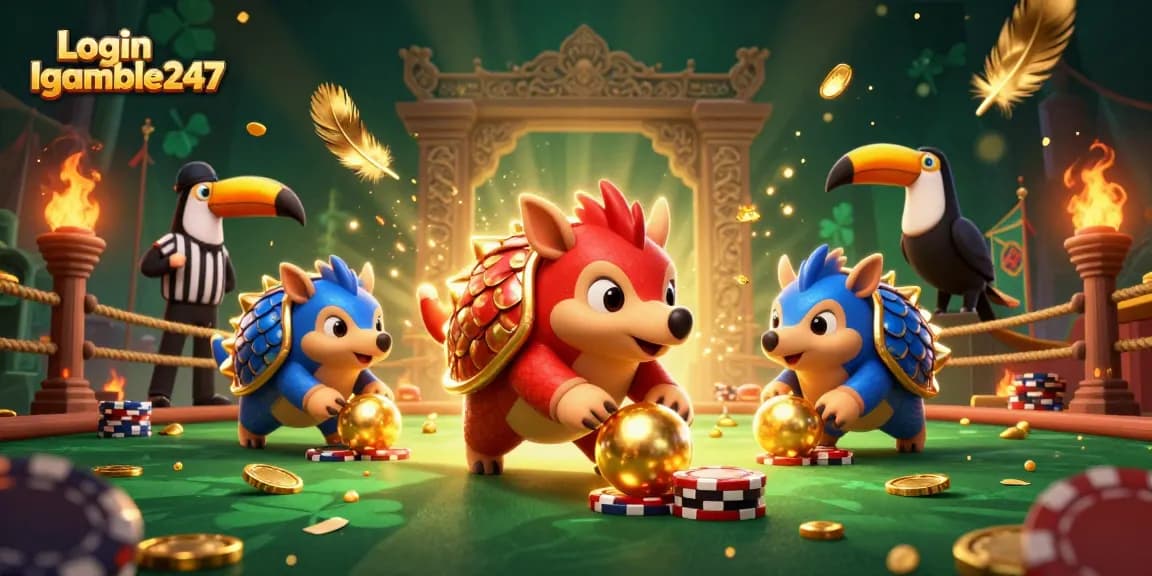 Experience gaming action with Login Igamble247 as rival pangolins compete in a vibrant casino scene.