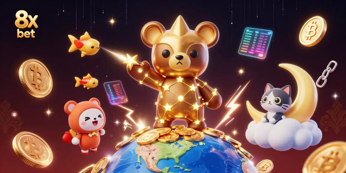 Experience the excitement of 8x bet with golden stars and crypto elements in this captivating illustration.