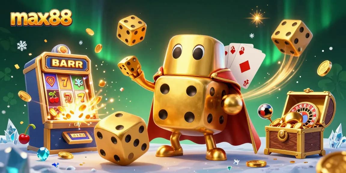 Max88 online casino features an exciting 3D illustration of lively gaming action with golden dice and coins.