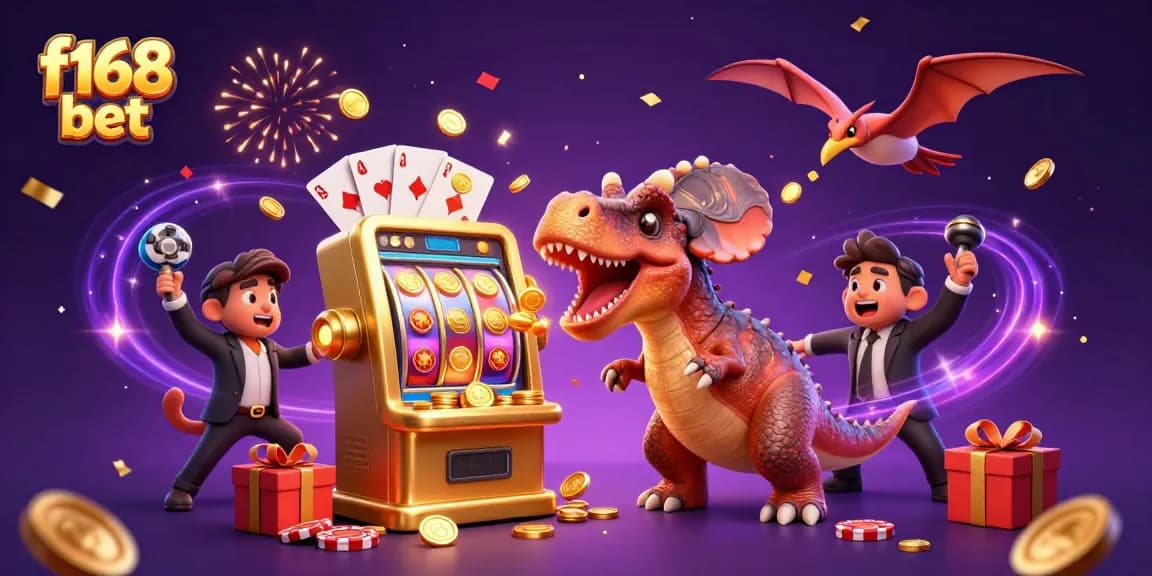Experience the thrill of f168 bet with a 3D pachycephalosaurus hitting a jackpot slot machine amid flying coins.
