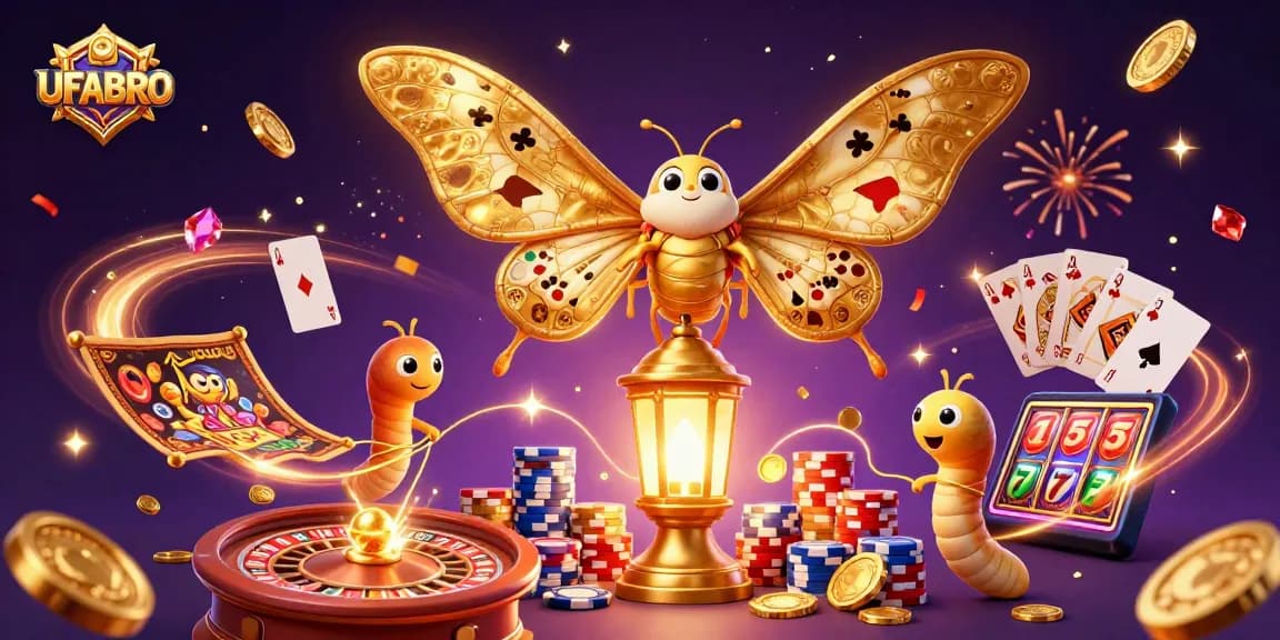 Experience excitement at UFABRO with dynamic casino scenes featuring golden moths and vibrant games