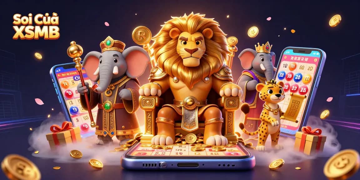 Soi Cầu XSMB unleashing thrilling lottery predictions with a regal lion king, wise elephant, and swift cheetah messenger.