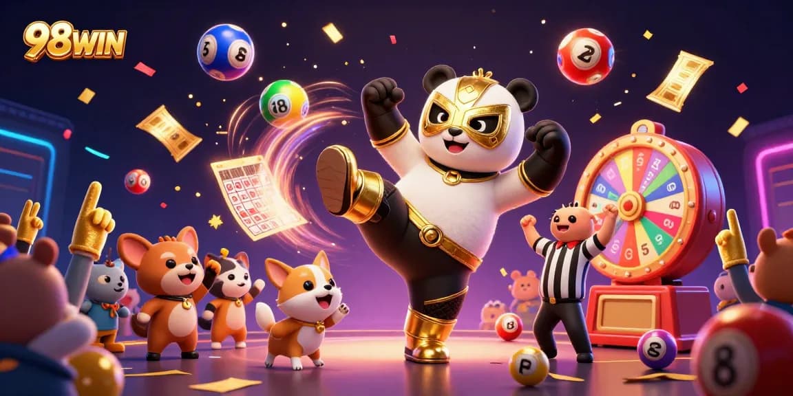 Experience exciting gaming action with 98WIN featuring a wrestling panda and animated lottery elements.