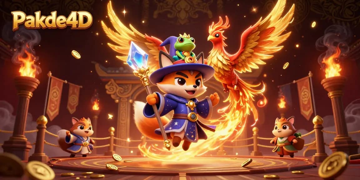 Experience thrilling gaming with Pakde4D in an enchanting, vibrant illustration featuring magical characters and casino elements.