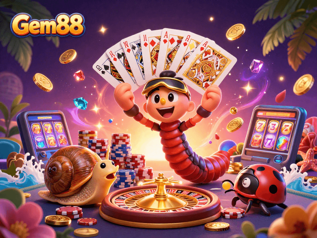 Experience the excitement of Gem88 with casino elements and vibrant 3D characters in this dynamic illustration.