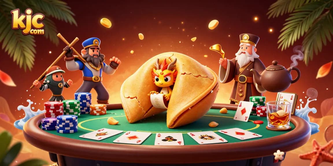 Engage with the vibrant gaming scenes at kjc com, featuring a unique golden fortune cookie and poker action.