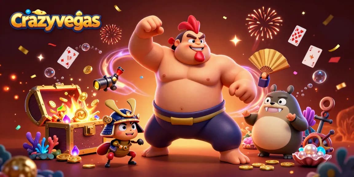 Experience excitement at crazyvegas as a powerful sumo rooster battles with a fierce cricket amidst treasures.