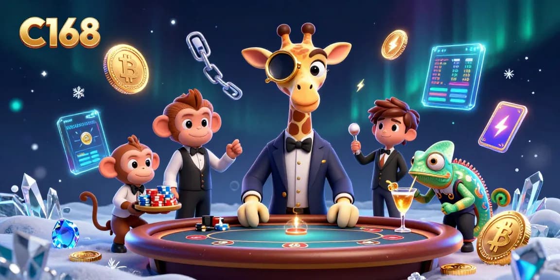Experience the thrill of winning with C168's vibrant casino scene featuring unique characters and crypto elements.