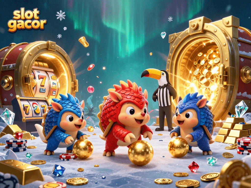 Engage with slot gacor action as rival pangolins crash through poker chips in a vibrant 3D casino scene.