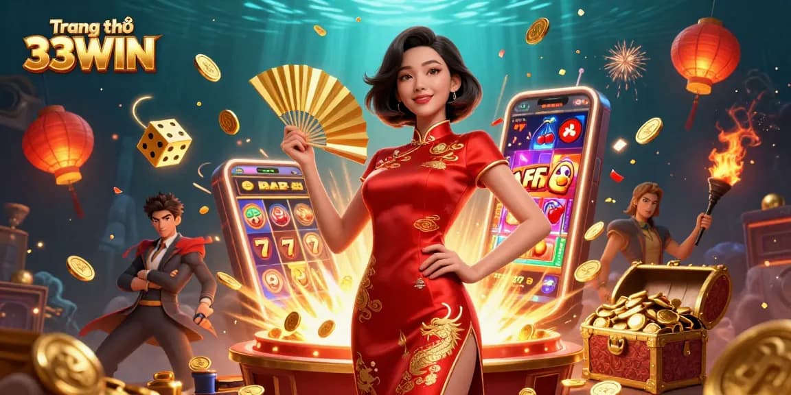 Experience winning at Trang chủ 33WIN with vibrant 3D casino elements and dynamic characters.