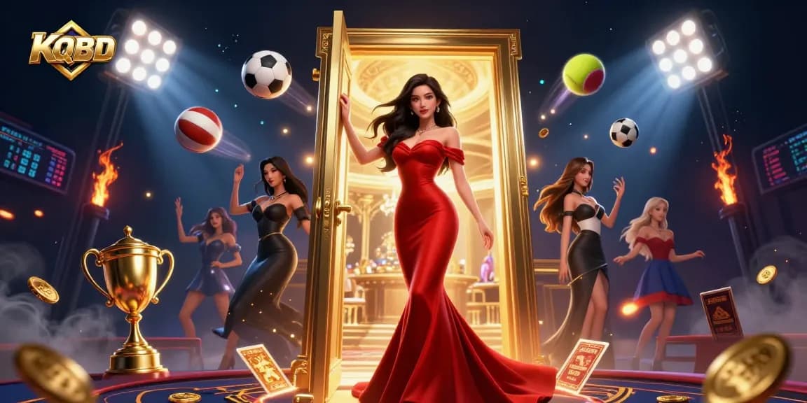 KQBD showcases an Asian woman in a luxurious casino doorway, surrounded by dynamic sports elements.