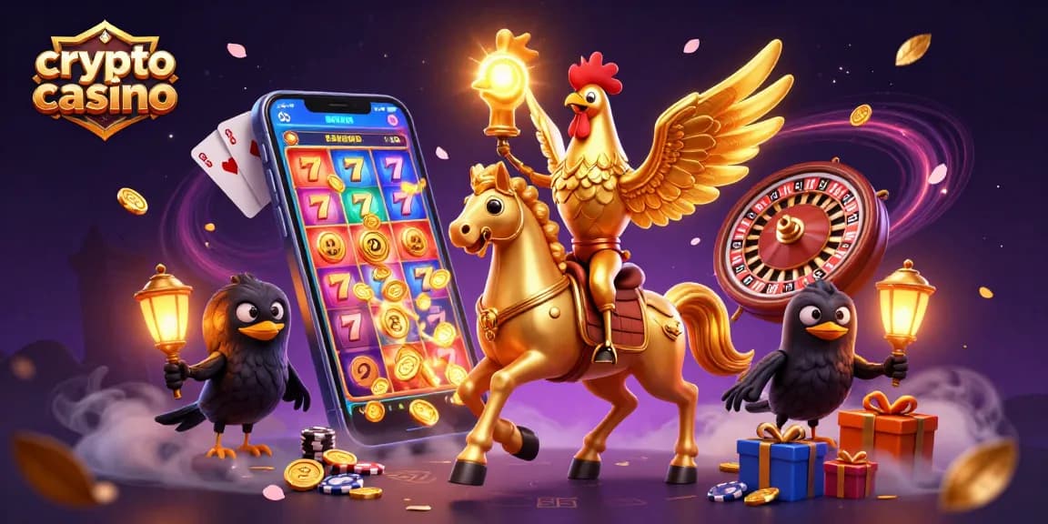 Engage in the vibrant action of a crypto casino with a golden rooster and gaming elements.