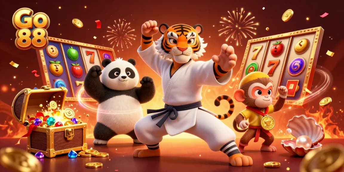Experience Go 88 as the kung fu tiger master and panda disciple celebrate a jackpot in a vibrant casino scene.