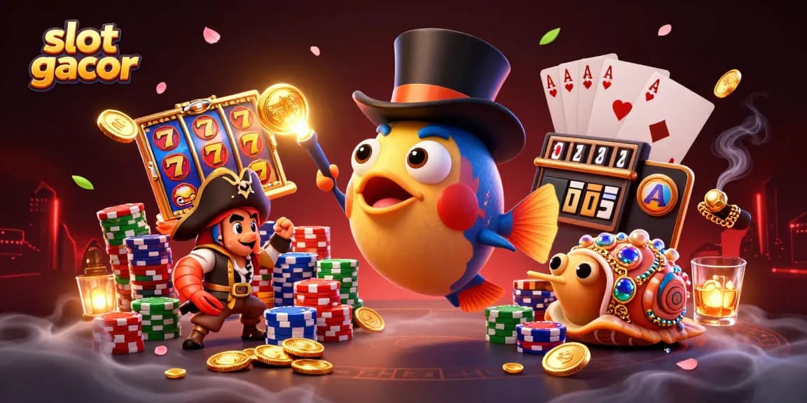 Menang besar di slot gacor dengan karakter ikan pemancing 3D dalam suasana kasino yang ceria.