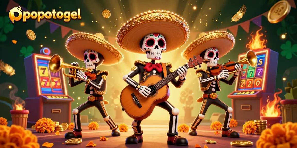 Engaging visual of popotogel featuring a vibrant Day of the Dead mariachi band amidst slot machines and gold coins.