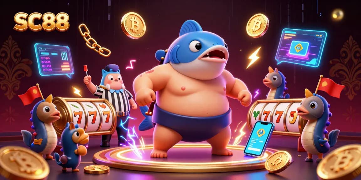 Watch the SC88 fugu compete in an underwater casino, surrounded by vibrant games and crypto elements.