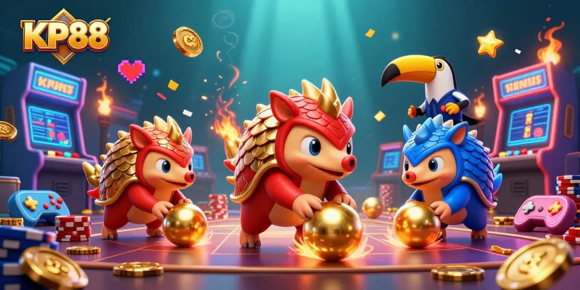 Play and win with KP88 as rival pangolins compete in a vibrant casino-themed 3D scene.