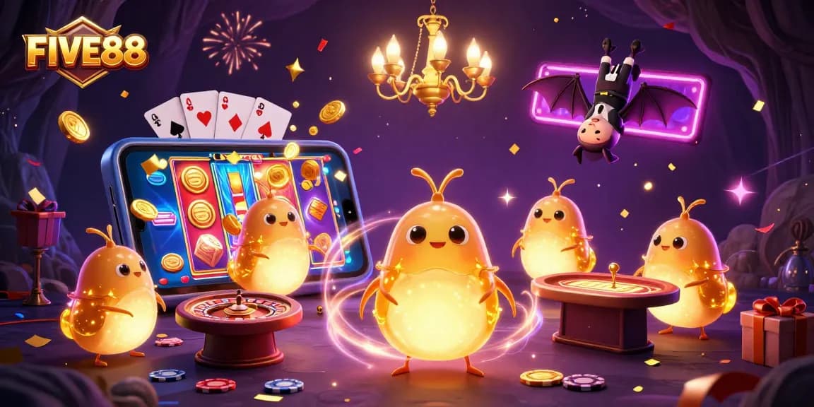 Join the excitement at FIVE88 as glowworms illuminate a vibrant cave casino scene filled with games and rewards.