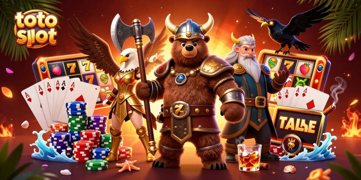 Toto slot gaming action with Viking characters amidst vibrant slot reels and dynamic casino elements
