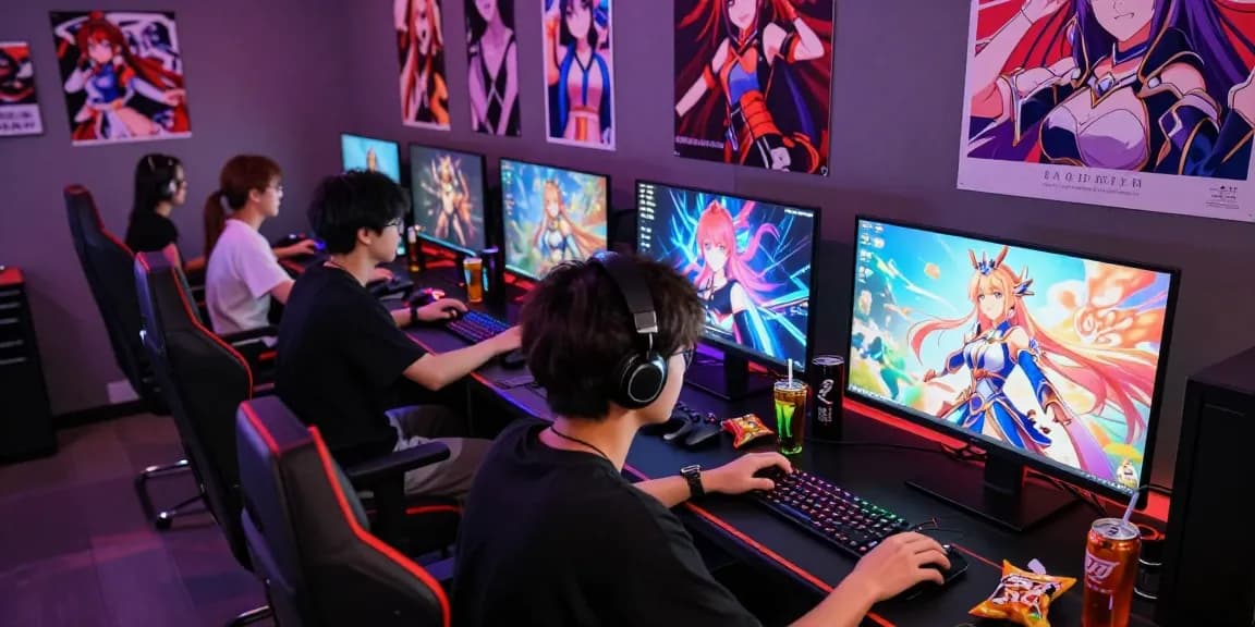 Engaged gamer exploring hentai games in a colorful digital room with multiple anime-themed monitors.