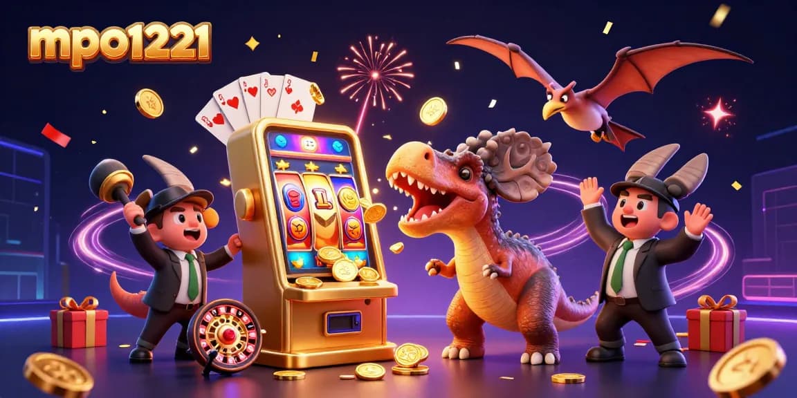 mpo1221 menghasilkan jackpot saat karakter dino mengacak mesin slot sambil mengumpulkan koin emas yang terbang.