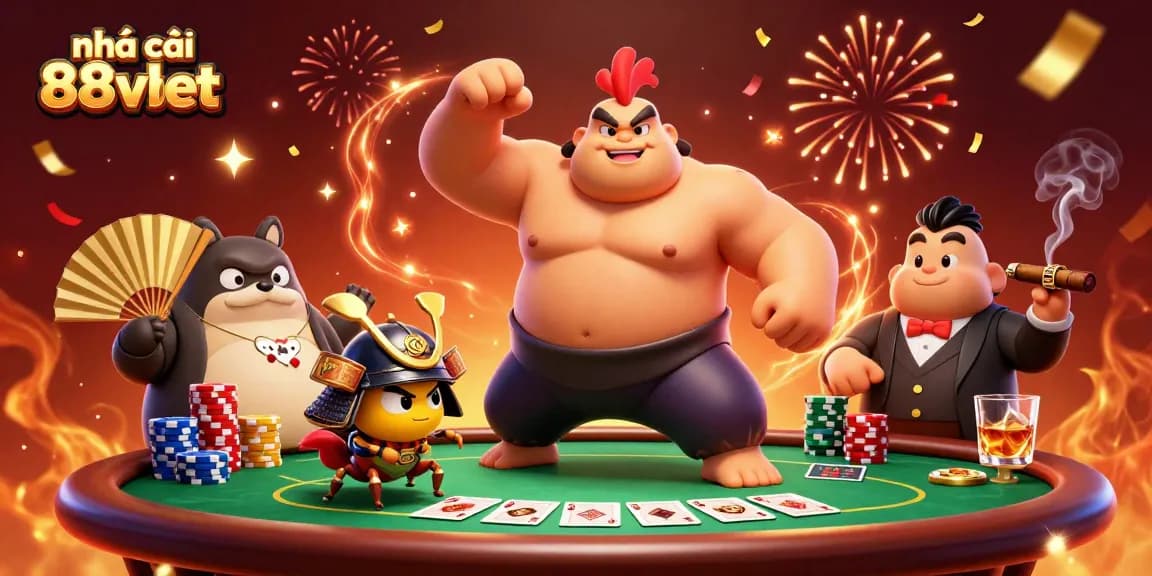 Engage with nhà cái 88vbet through epic poker action featuring cartoon sumo, samurai cricket, and announcer.