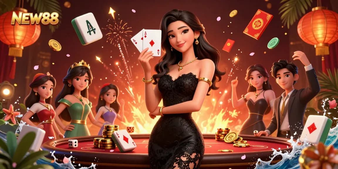 Experience the thrill of NEW88 with a charismatic player amidst luxurious casino elements.