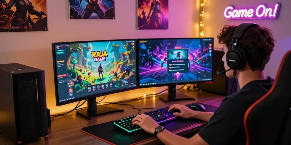 Raja Game login process in a vibrant gaming setup with colorful interfaces and cozy atmosphere.
