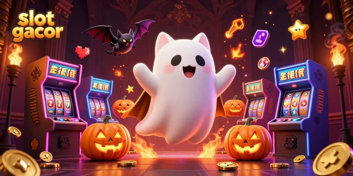 Engage in thrilling slot gacor action with a friendly ghost cat and vampire bat amidst colorful casino elements.