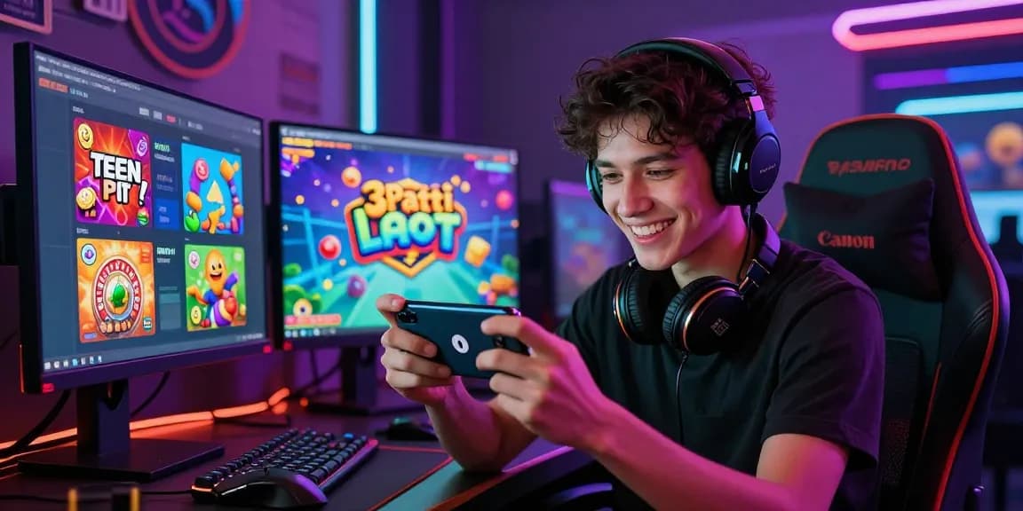 Engaged gamer exploring 3Patti Loot APK app link on smartphone surrounded by vibrant gaming icons.