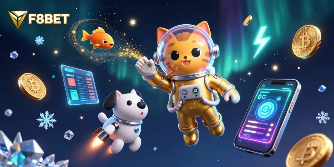 Experience the thrill of F8BET with a dynamic space-themed casino scene featuring an astronaut cat.