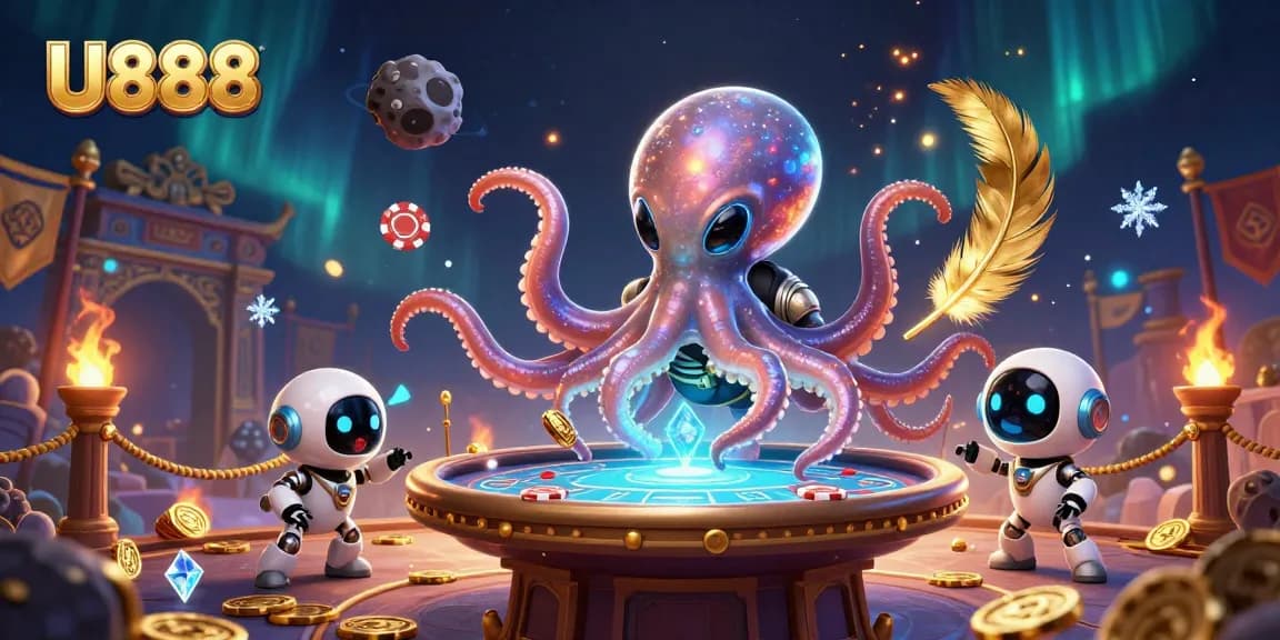 Experience thrilling gameplay at U888 with a vibrant illustration of an octopus running a poker table.