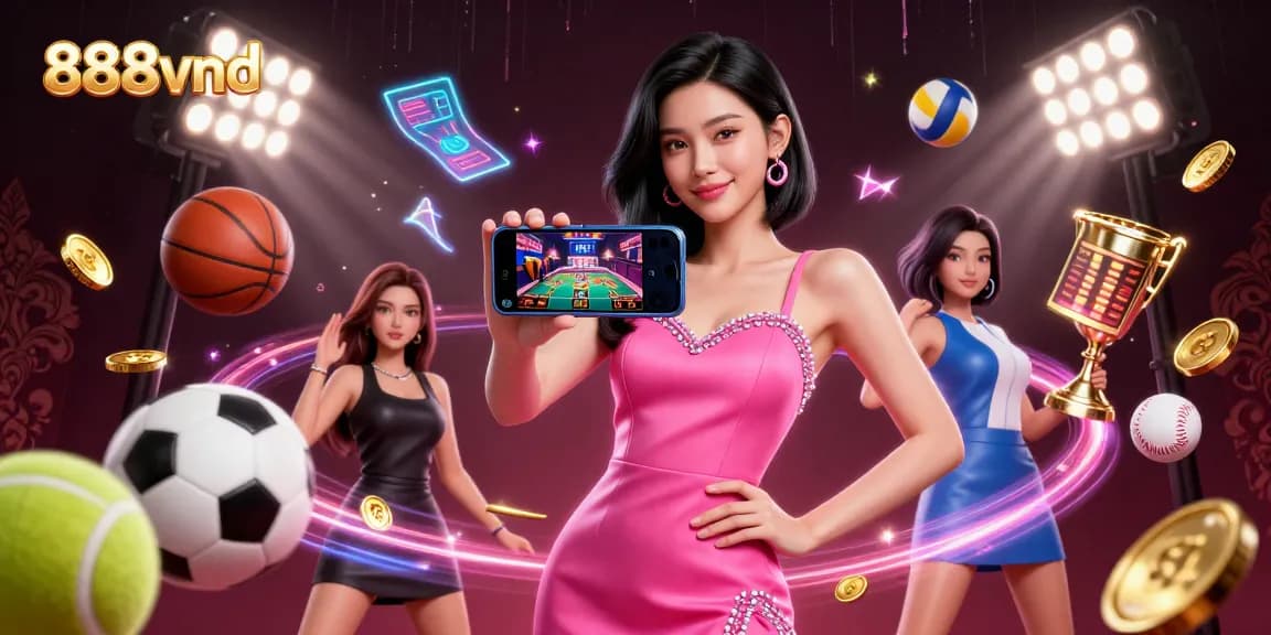 Engage with 888vnd's live casino experience featuring a stunning Asian woman showcasing a mobile game