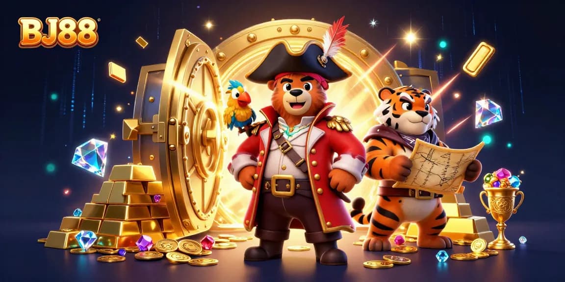 BJ88's 3D cartoon pirate captain bear and tiger first mate surrounded by treasure, illustrating casino excitement.