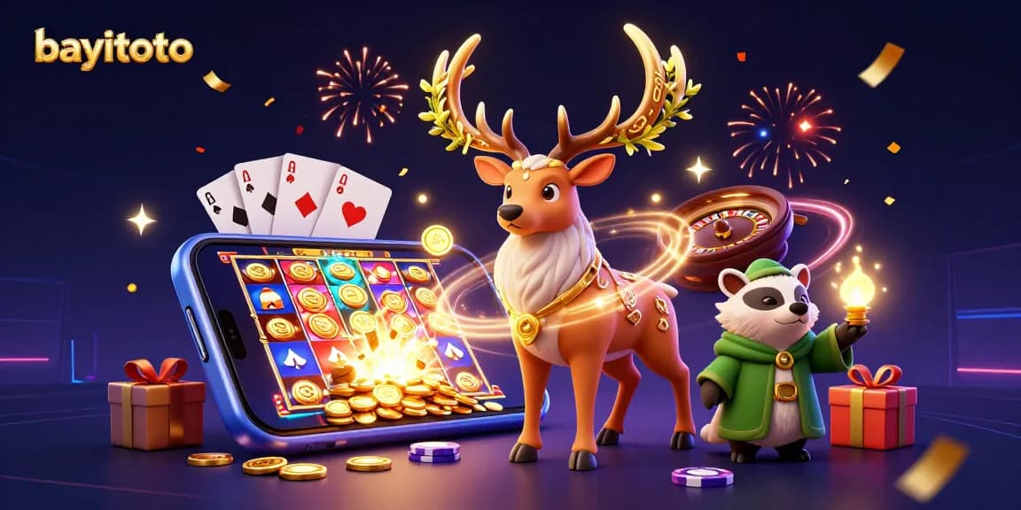 bayitoto gamers spin reels and win with colorful slot games, 3D casino celebration scene