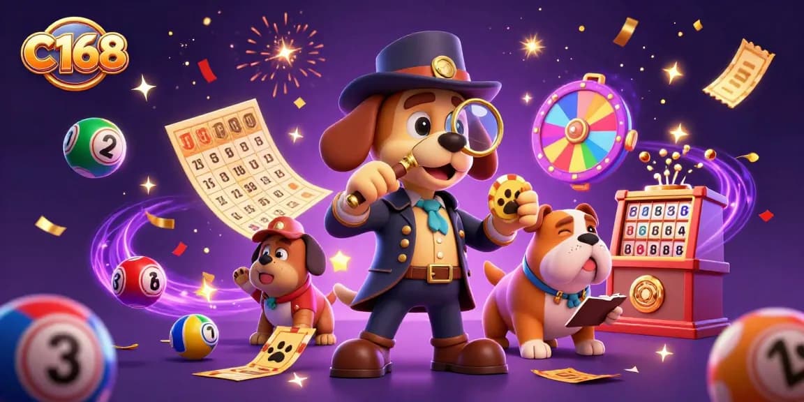 C168 showcases a detective dog duo discovering poker chip treasure among colorful lottery elements in a vibrant casino scene.