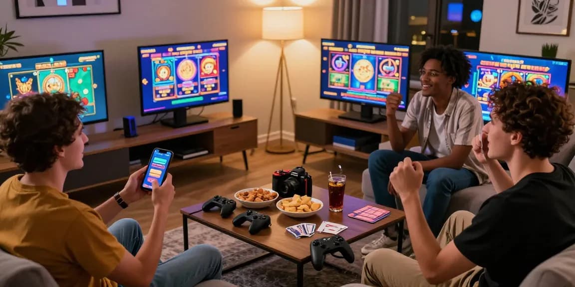 Grup teman sedang bermain slot online sambil merayakan jackpot di ruang tamu yang modern dan nyaman.