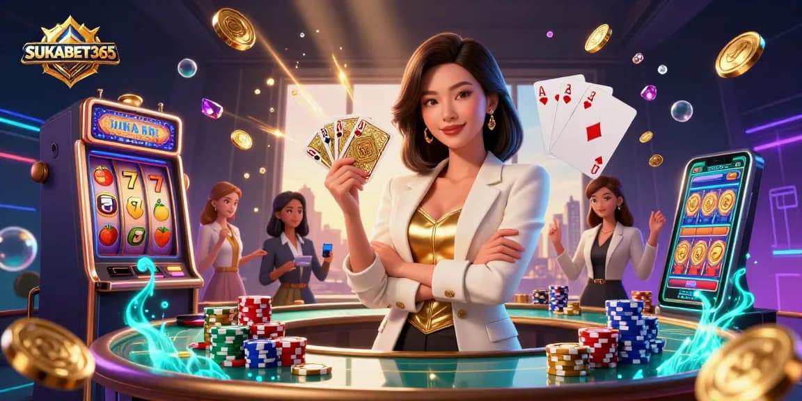 SUKABET365 enhances thrills with a glamorous Asian woman holding cards in a vibrant casino scene.