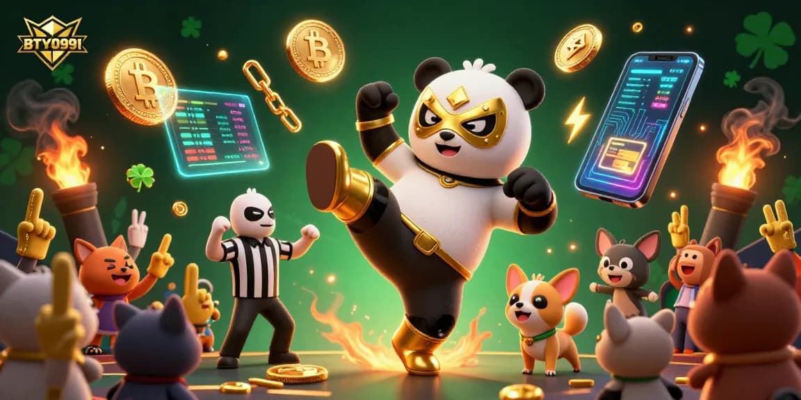 Engage with BTY0991's exciting games featuring a 3D panda wrestler in action amid cryptocurrency symbols.