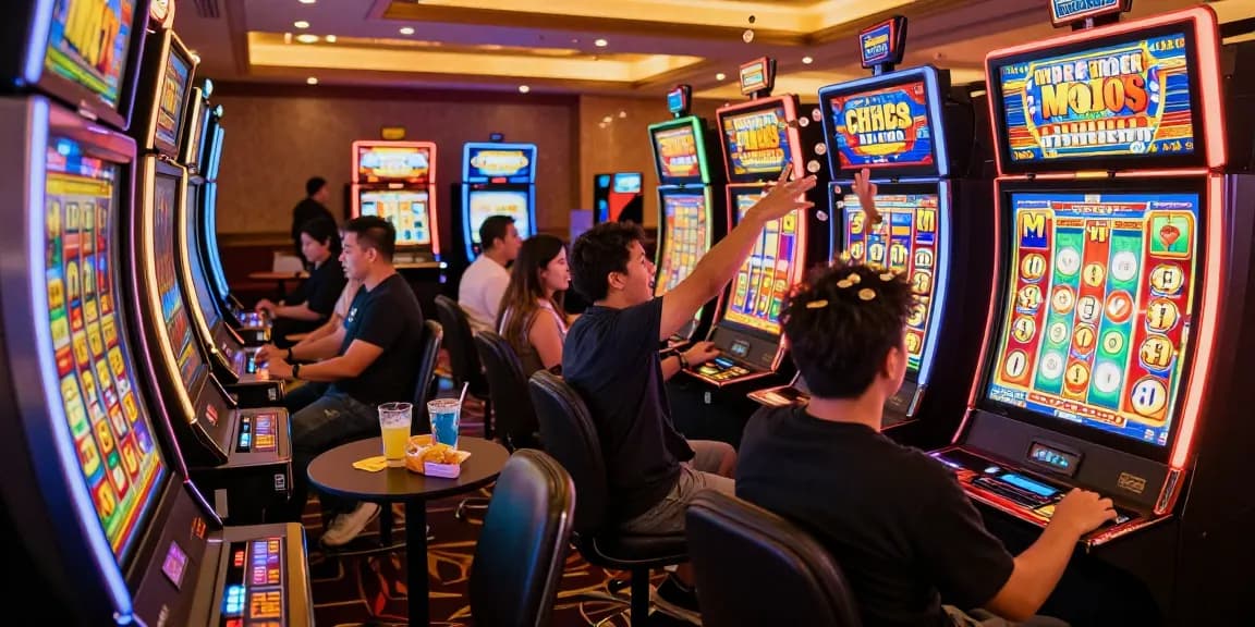 Slot gacor dengan pemain merayakan kemenangan jackpot di kasino yang meriah.
