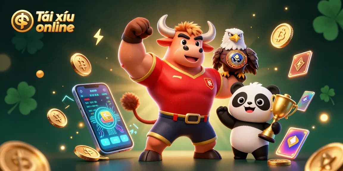 Experience the thrill of Tài xỉu online with dynamic characters celebrating victory amidst digital gaming elements.