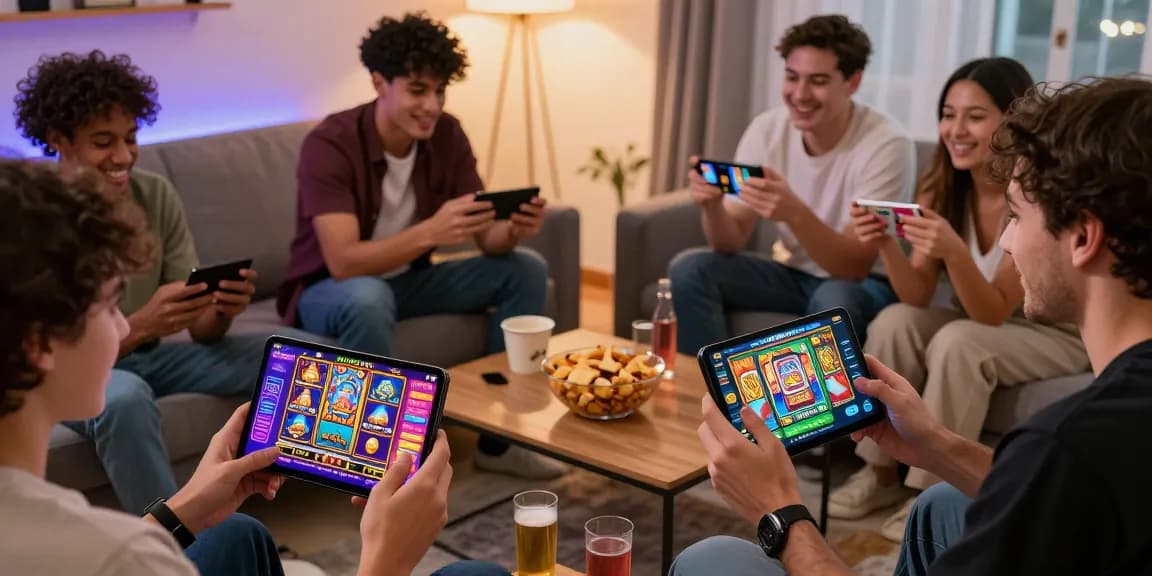 Join game events and tournaments on the Slots PK app with friends in a lively living room setting.